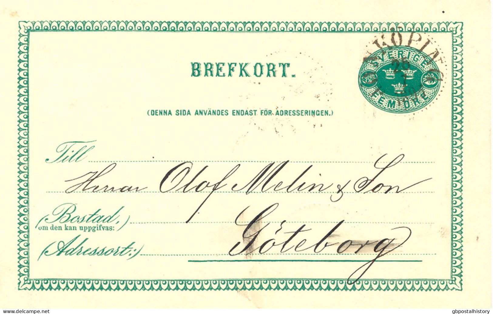 SWEDEN July 25th, 1891, "JÖNKÖPING" Large K1 On Superb 5 (FEM) ÖRE Green Postal Stationery Postcard - 1885-1911 Oscar II