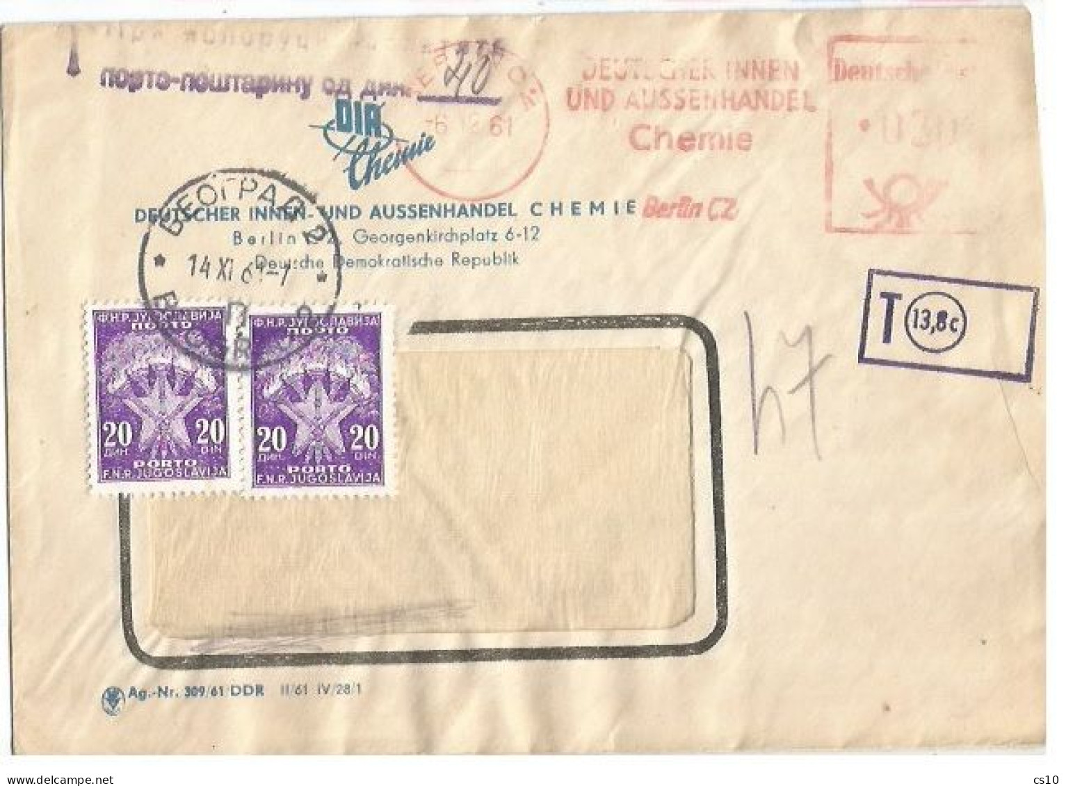 Jugoslavija Postage Due D.20x2 With Tax Pmk 14dec1961 On Commerce Window CV Germany Red Meter Pf.20 X Beograd - Strafport