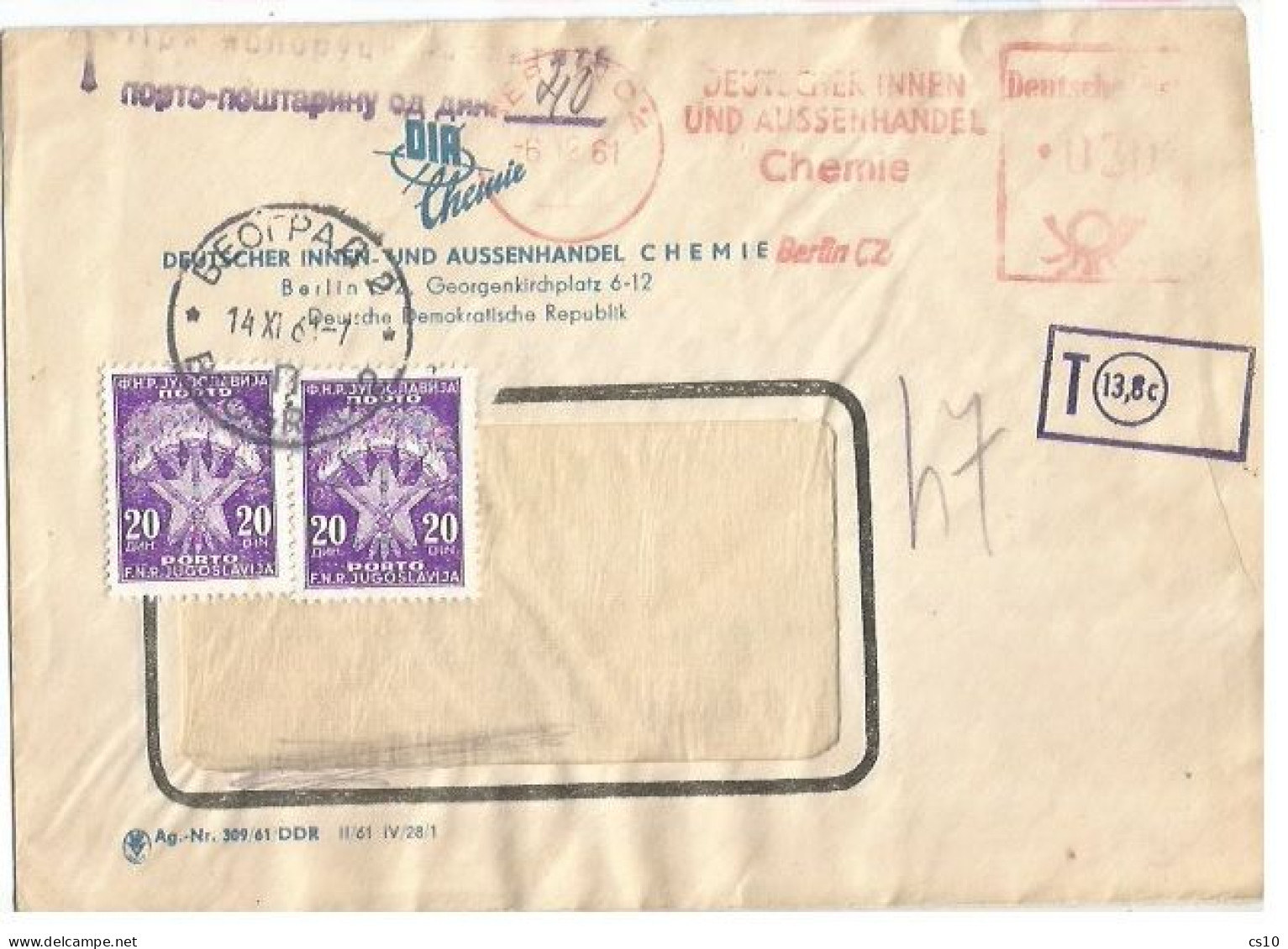 Jugoslavija Postage Due D.20x2 With Tax Pmk 14dec1961 On Commerce Window CV Germany Red Meter Pf.20 X Beograd - Impuestos