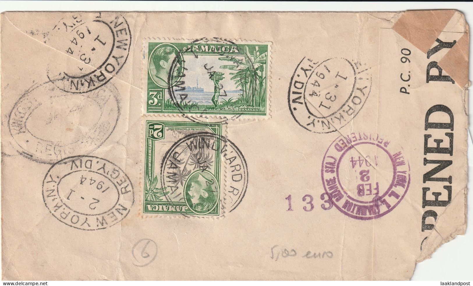 Brits Jamaica Airmail Registered Winward Road Censor ID 540 To  New York 31-1-1944 - Jamaïque (...-1961)