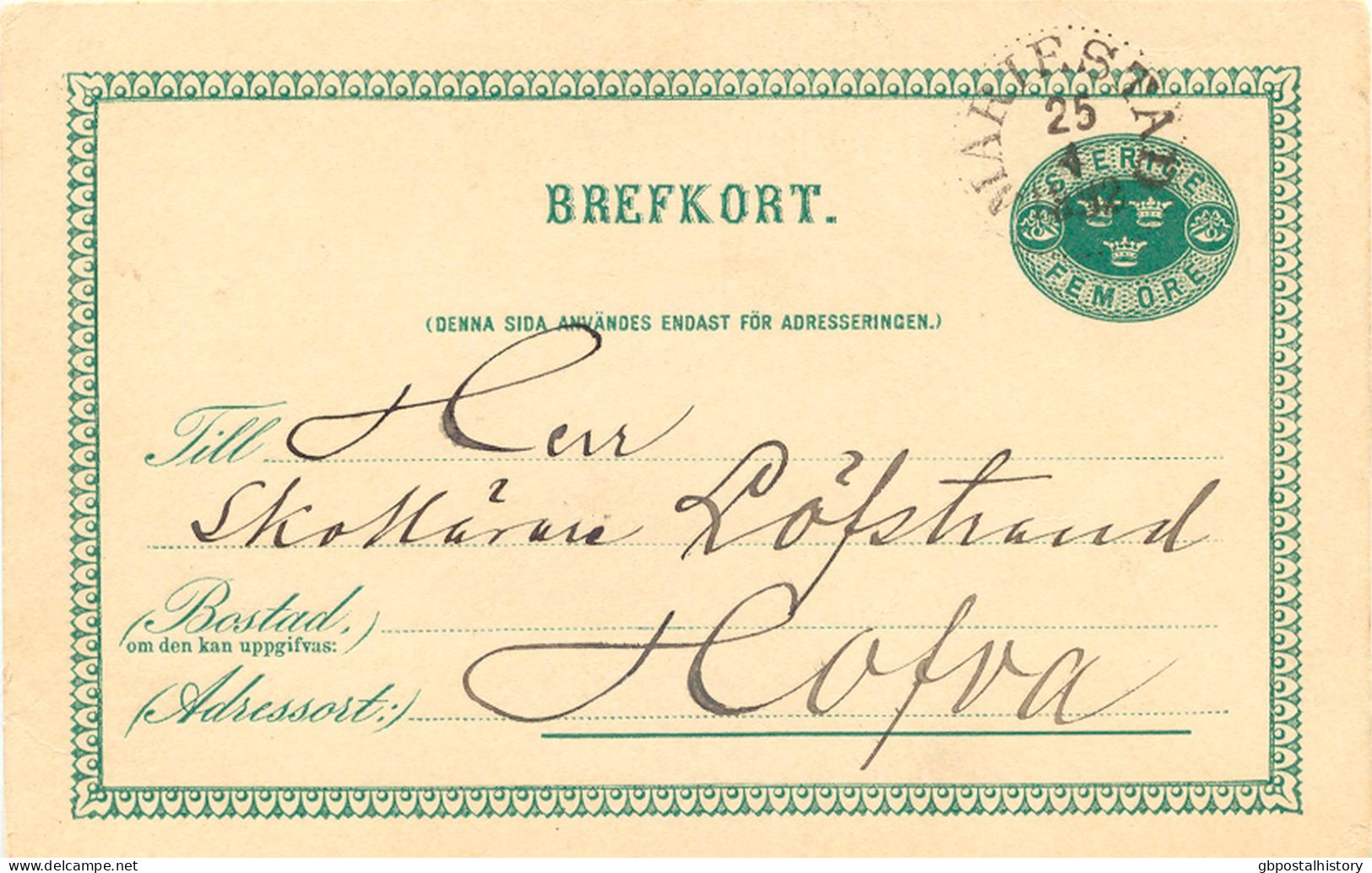 SWEDEN April 25th, 1892, "MARIESTAD" K1 On Superb 5 (FEM) ÖRE Green Postal Stationery Postcard - 1885-1911 Oscar II