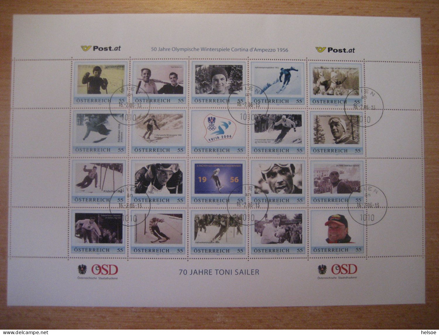 Österreich- PM 70 Jahre Toni Sailer, Ganzer Bogen 50 Jahre Olympische Winterspiele Cortina 1956 Stempel 1010Wien 16.2.06 - Francobolli Personalizzati