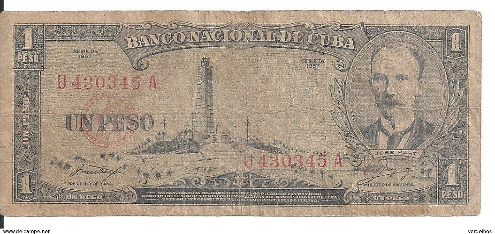 CUBA 1 PESO 1957 VG+ P 87 B - Cuba