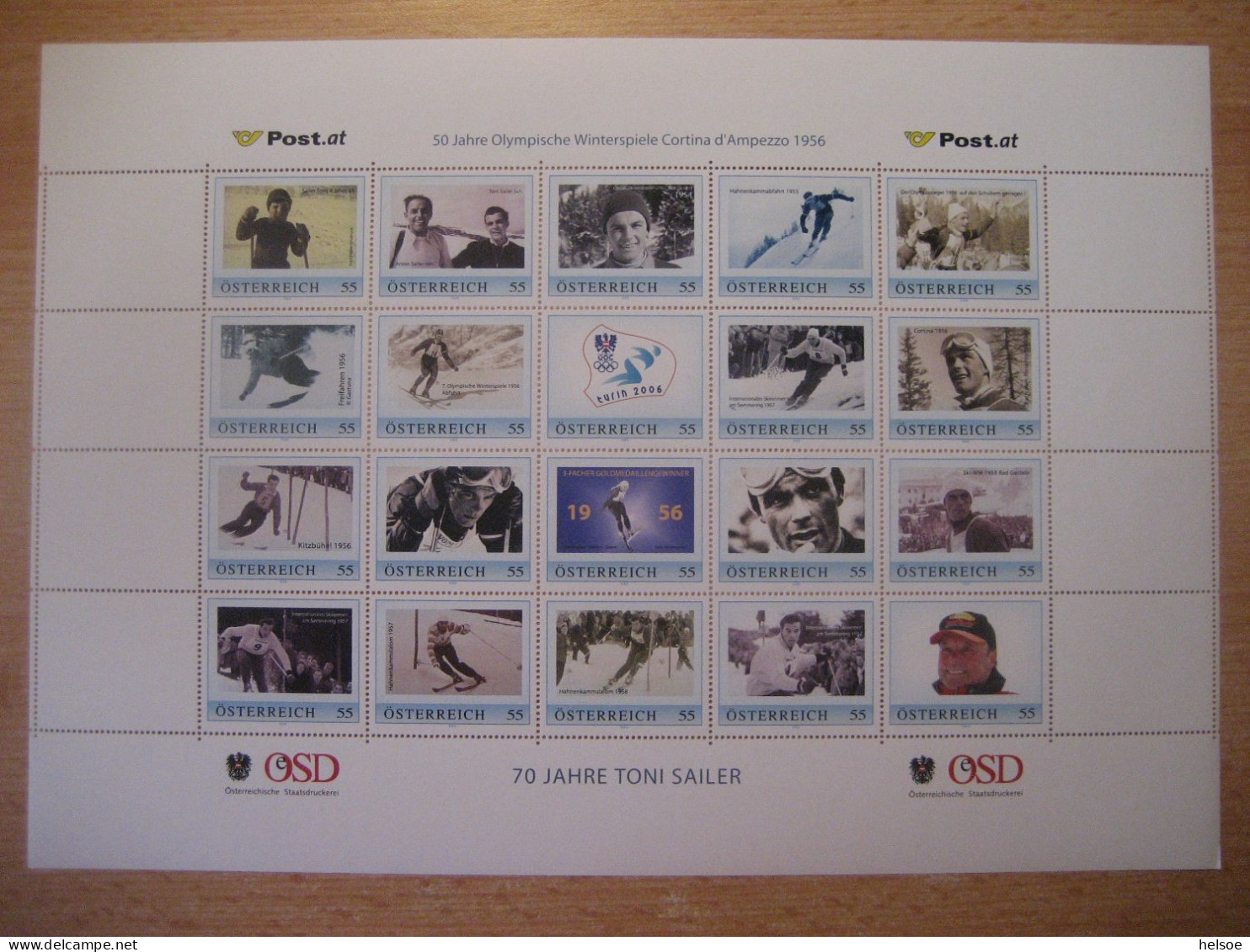 Österreich- PM 70 Jahre Toni Sailer, Ganzer Bogen 50 Jahre Olympische Winterspiele Cortina D' Ampezzo 1956 ** Ungebrauch - Persoonlijke Postzegels