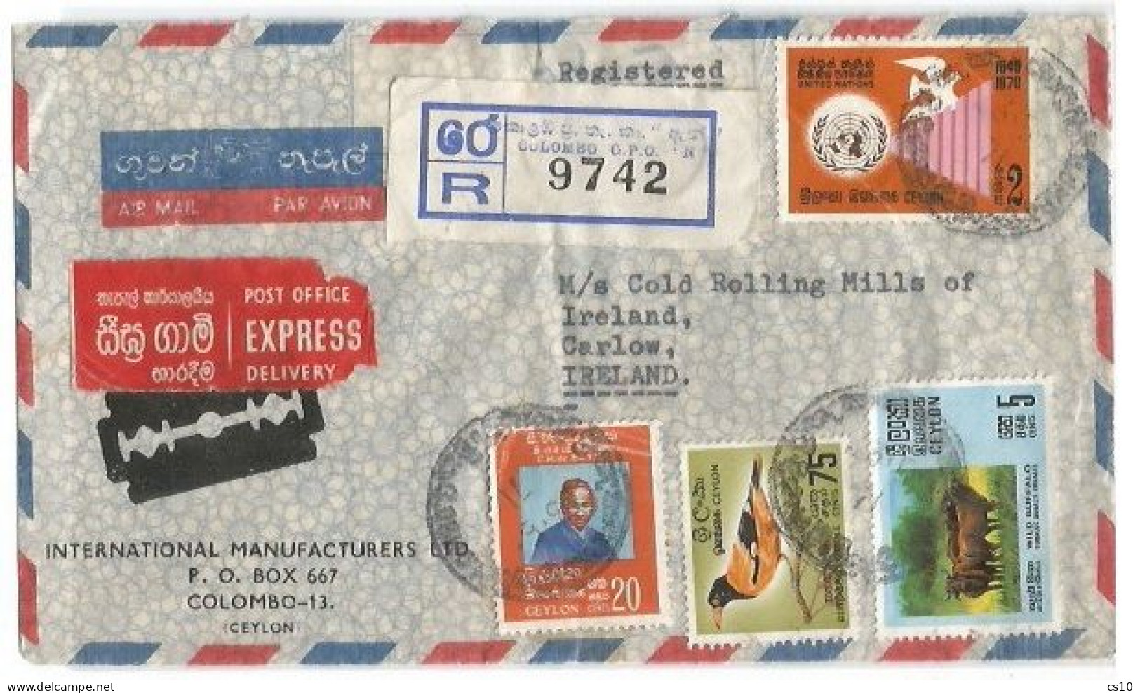 Sri Lanka Ceylon Reg. + Express + Airmail Commerce CV Colombo 23may1971 X Ireland EIRE Rate 6Rs In 4 Stamps Via London - Sri Lanka (Ceylan) (1948-...)