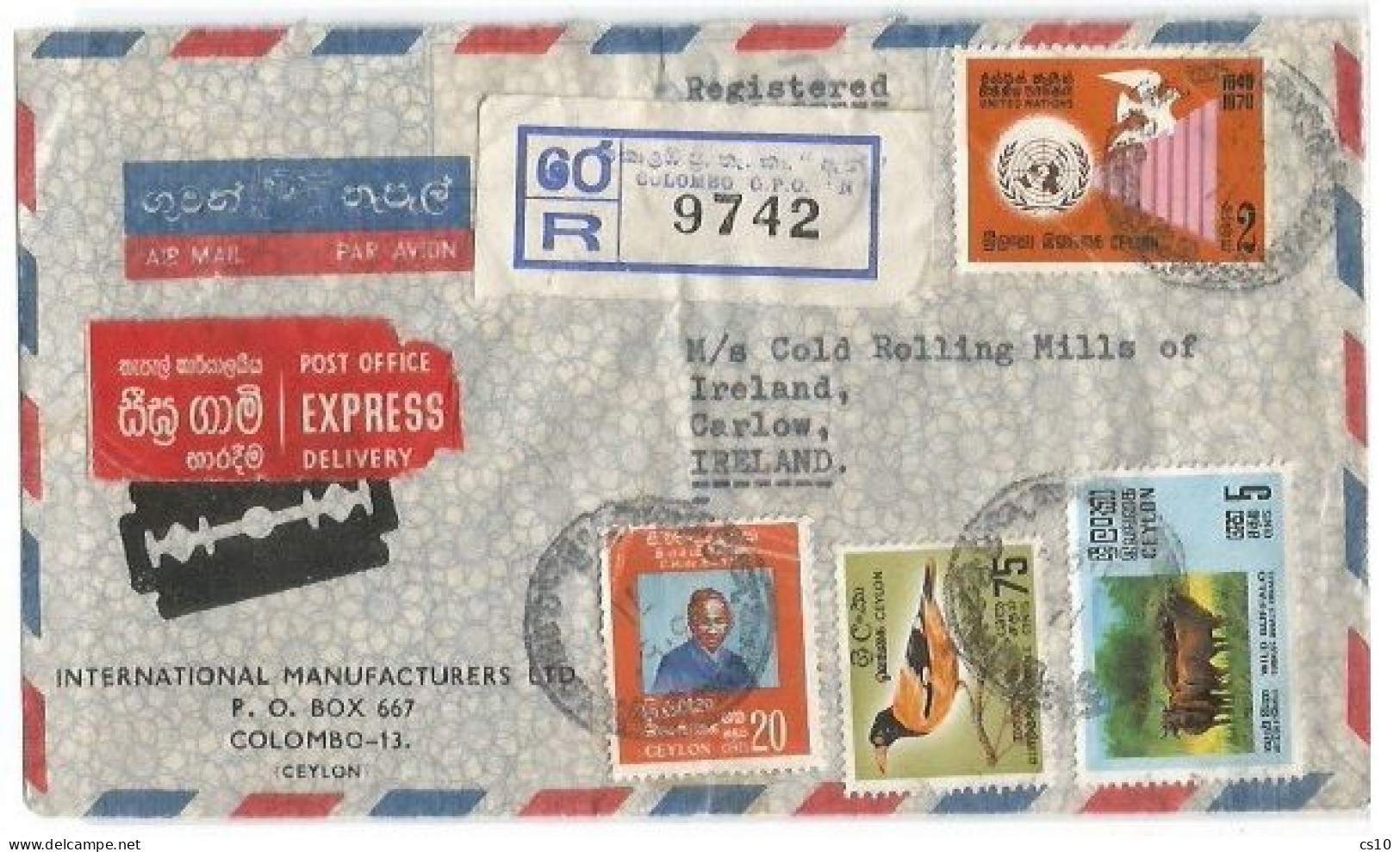 Sri Lanka Ceylon Reg. + Express + Airmail Commerce CV Colombo 23may1971 X Ireland EIRE Rate 6Rs In 4 Stamps Via London - Sri Lanka (Ceylon) (1948-...)