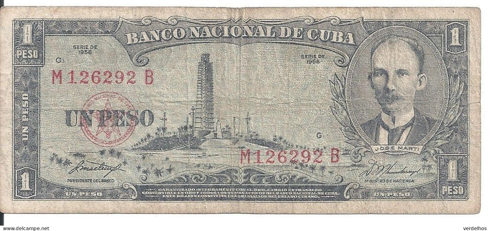 CUBA 1 PESO 1958 VG+ P 87 C - Kuba