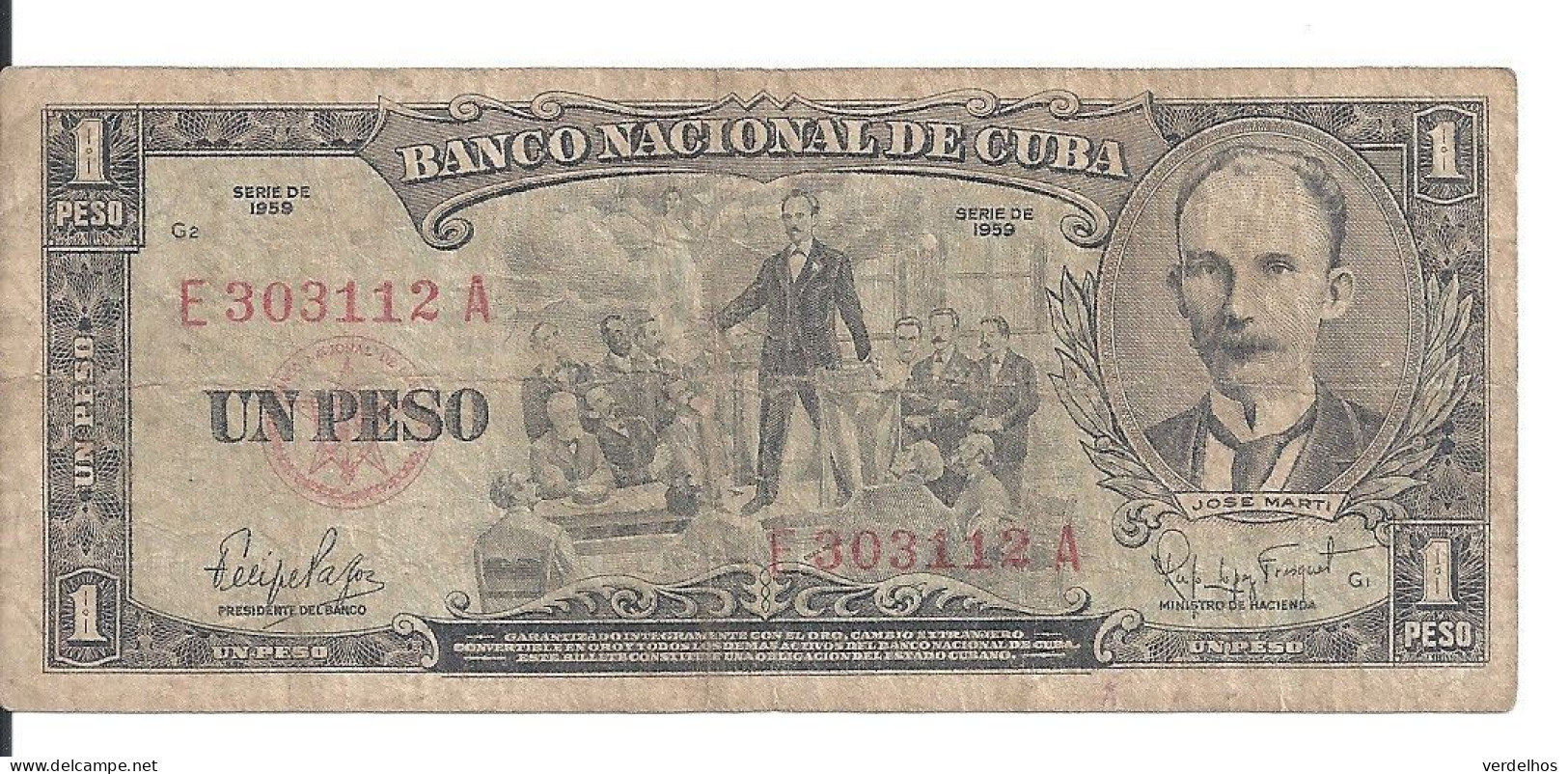 CUBA 1 PESO 1959 VG+ P 90 - Cuba