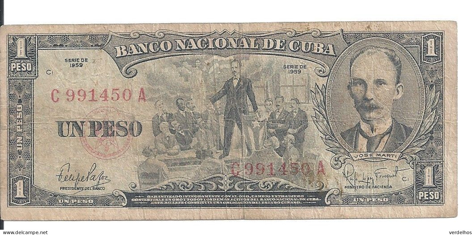 CUBA 1 PESO 1959 VG+ P 90 - Cuba