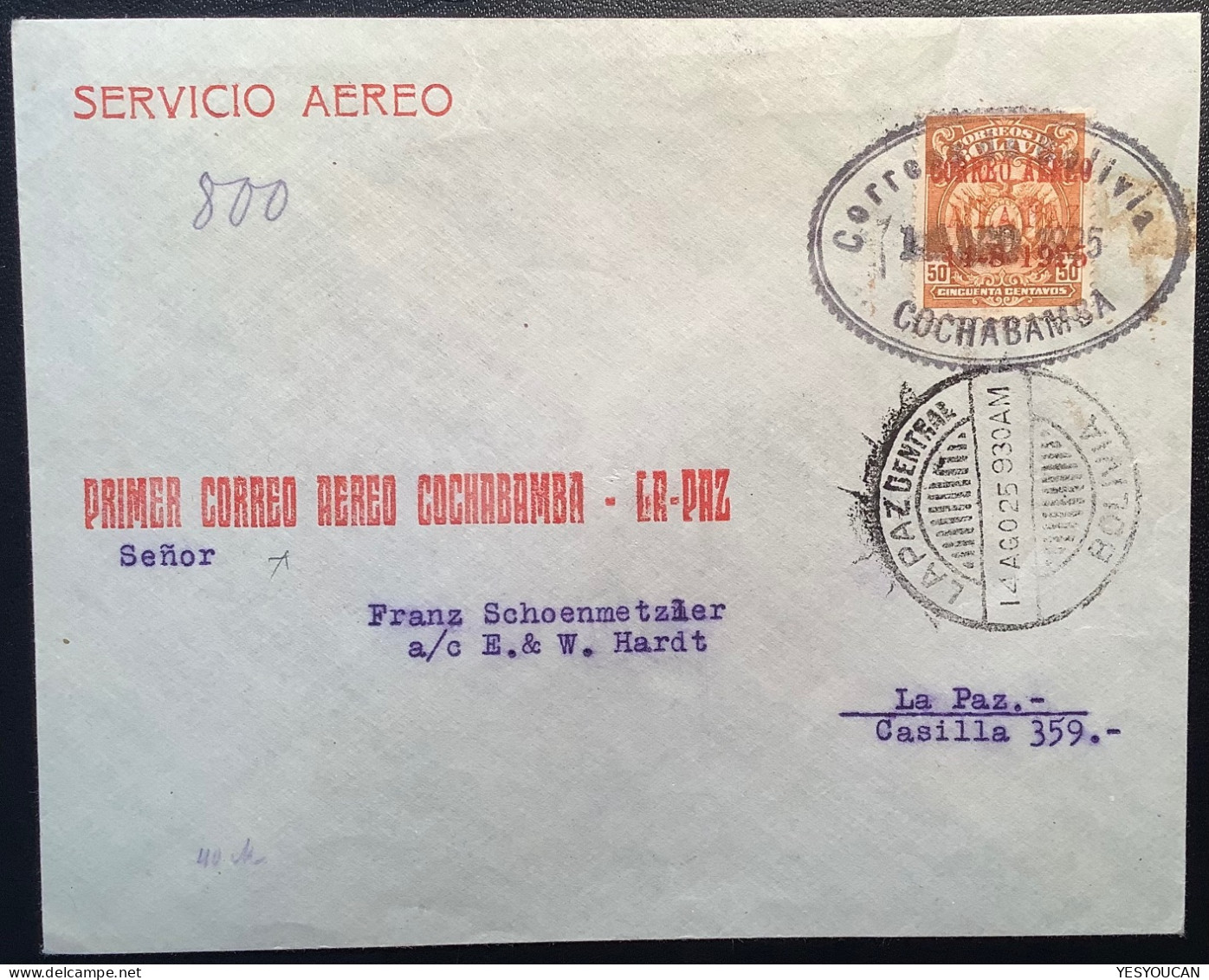 50 C. Rare Air Post Stamp "CORREO AEREO / LA PAZ / 14-8-1925" First Flight Cover COCHABAMBA-LA PAZ (Bolivia Mi.150 - Bolivien