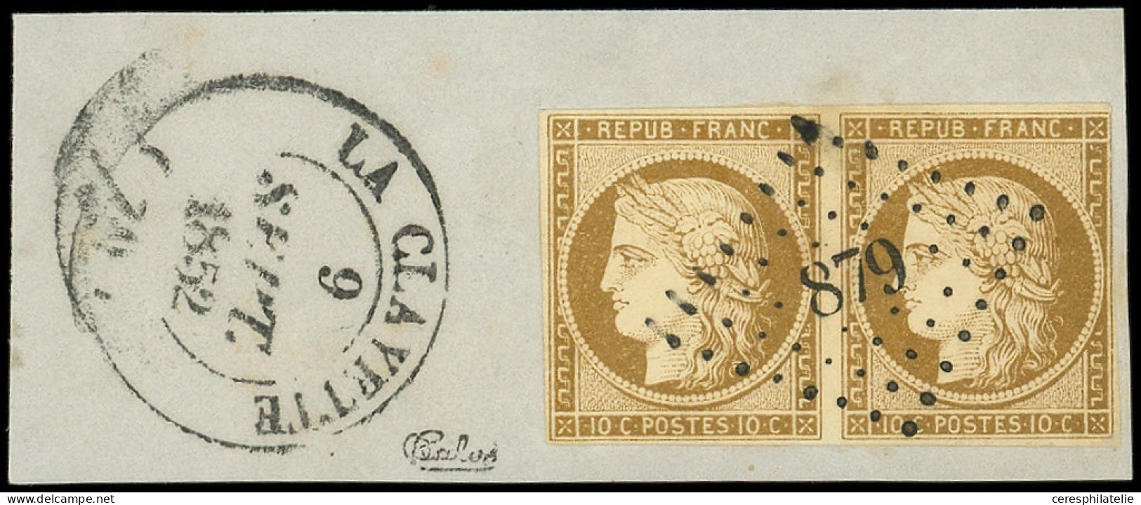 EMISSION DE 1849 - 1    10c. Bistre-jaune, Nuance Soutenue, PAIRE Obl. PC 879 S. Fragt, Càd T14 LA CLAYETTE 9/9/52, Supe - 1849-1850 Ceres