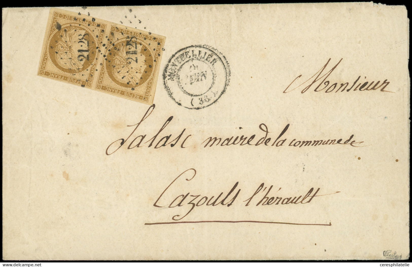 Let EMISSION DE 1849 - 1    10c. Bistre-jaune, PAIRE Obl. PC 2128 S. LSC, Càd T15 MONTPELLIER 6/52, TTB. C - 1849-1876: Periodo Classico