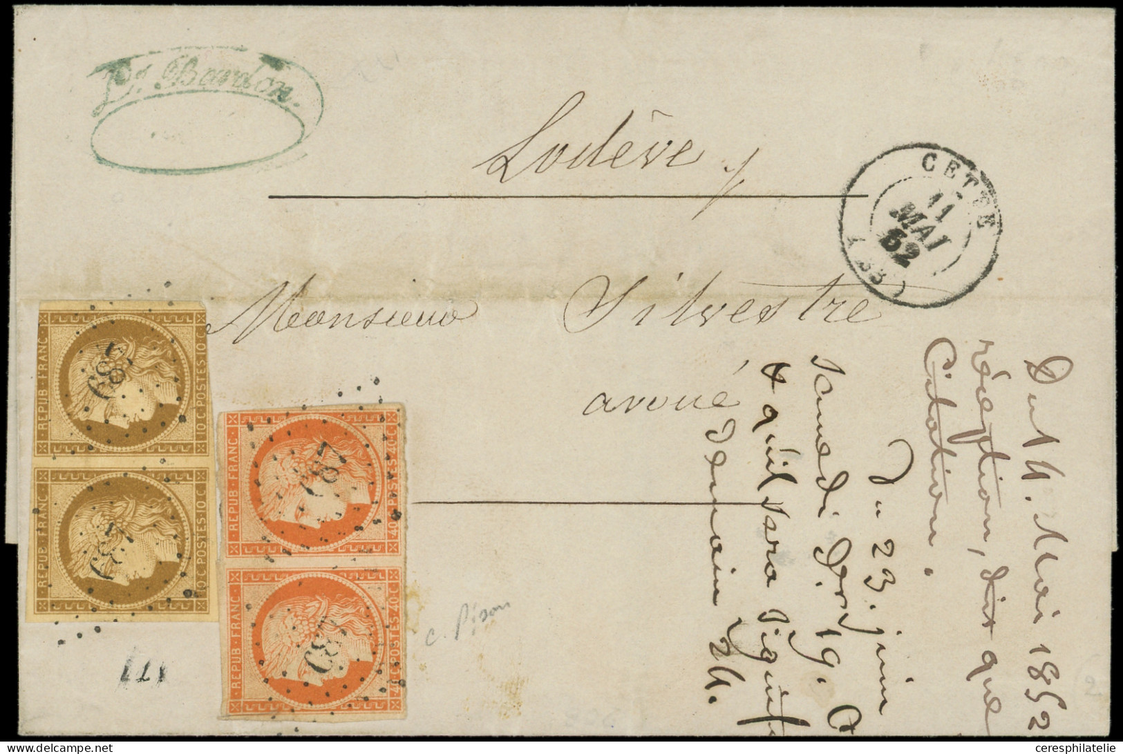 Let EMISSION DE 1849 - 1 Et 5, 10c. Bistre (nuance Foncée), PAIRE 1 Ex. Touché Et 40c. Orange PAIRE Défse, Obl. PC 687 S - 1849-1876: Periodo Classico