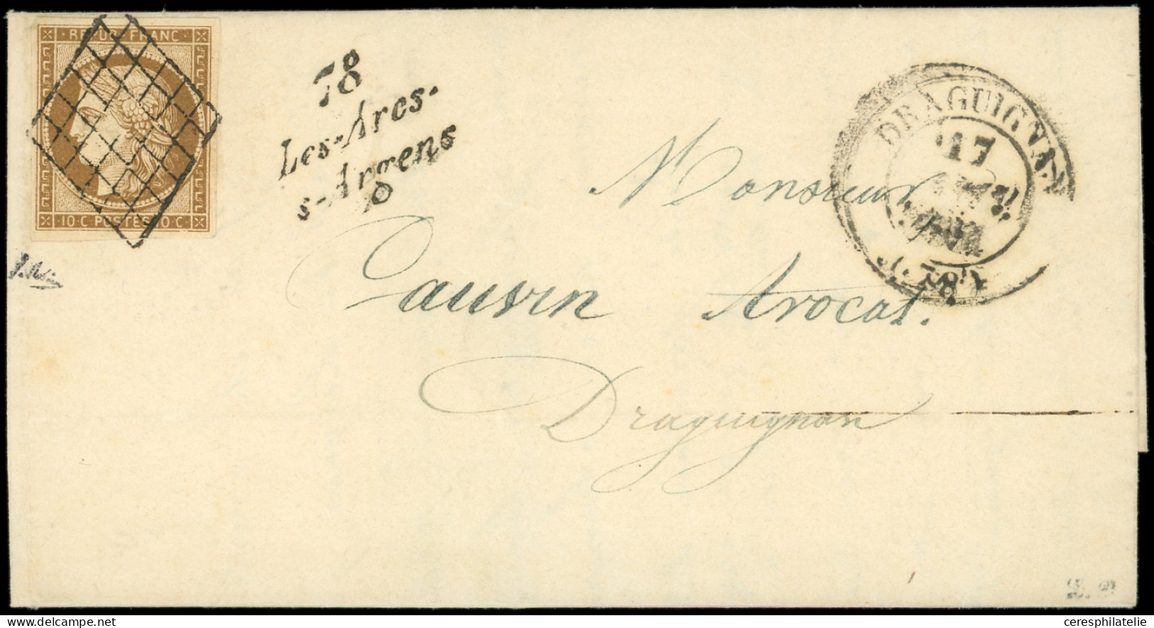 Let EMISSION DE 1849 - 1b   10c. Bistre-VERDATRE, Obl. GRILLE S. LAC, Càd T14 DRAGUIGNAN 17/1/51 Et Cursive 78/LES ARCS/ - 1849-1876: Periodo Clásico