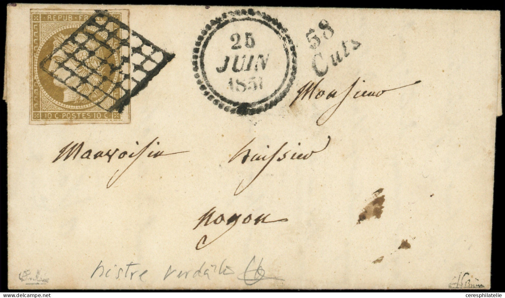 Let EMISSION DE 1849 - 1b   10c. Bistre-VERDATRE, Très Jolie Nuance, Obl. GRILLE S. Petite LAC, Dateur B Et Cursive 58/C - 1849-1876: Periodo Classico