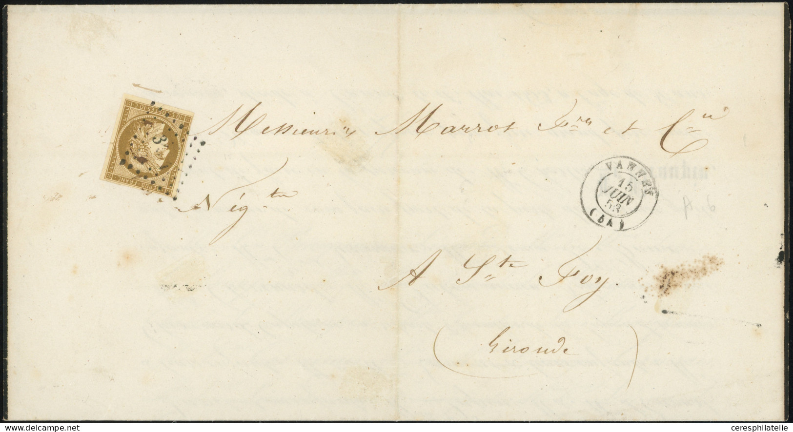 Let EMISSION DE 1849 - 1c   10c. Bistre-VERDATRE FONCE, Obl. PC 3484 S. Faire-part, Càd T15 VANNES 15/6/53, TB - 1849-1876: Période Classique