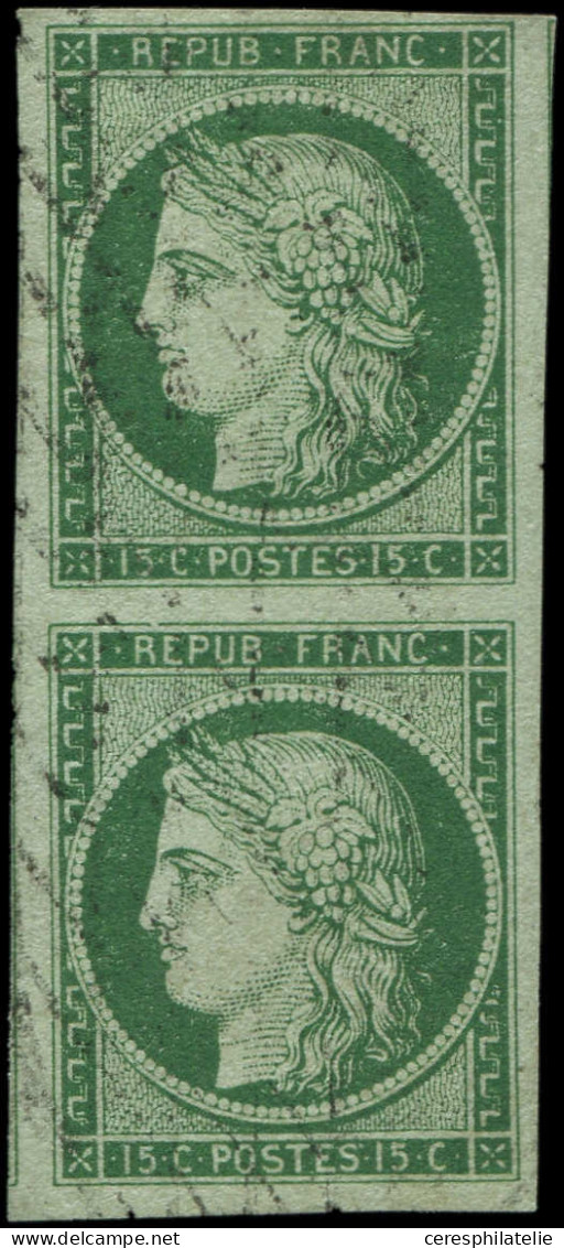 EMISSION DE 1849 - 2    15c. Vert, PAIRE Obl. GRILLE SANS FIN, Superbe - 1849-1850 Ceres