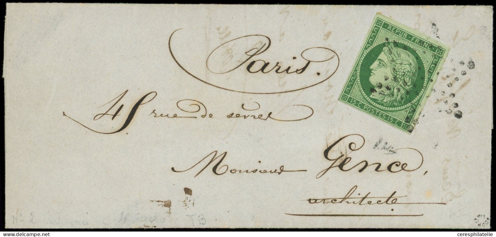 Let EMISSION DE 1849 - 2b   15c. Vert FONCE, Obl. ETOILE S. LAC, Au Verso Càd PARIS 25/11/52, TB/TTB - 1849-1876: Classic Period