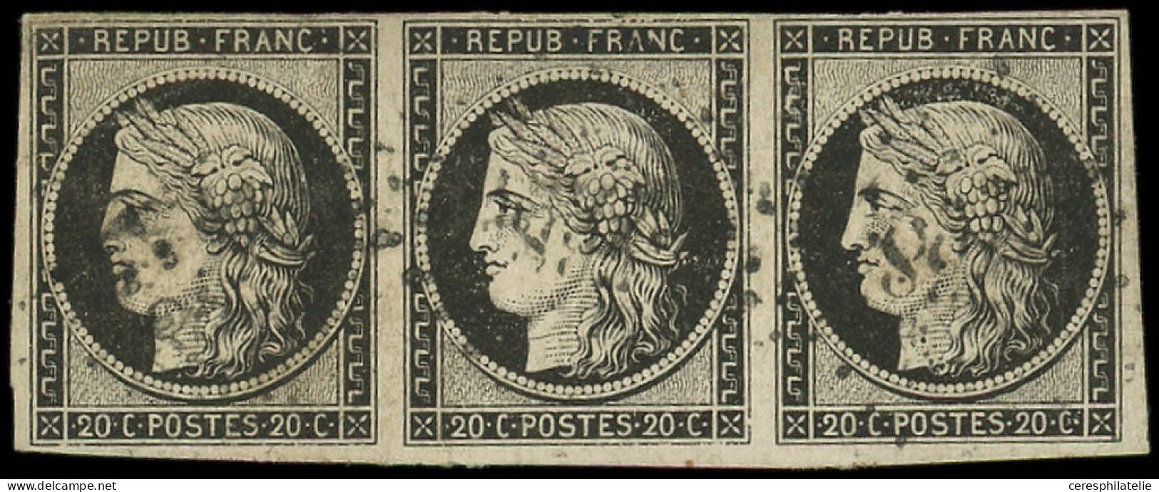 EMISSION DE 1849 - 3    20c. Noir Sur Jaune, BANDE De 3 Obl. PC, 2 Ex. Défx, Aspect TB. C - 1849-1850 Ceres