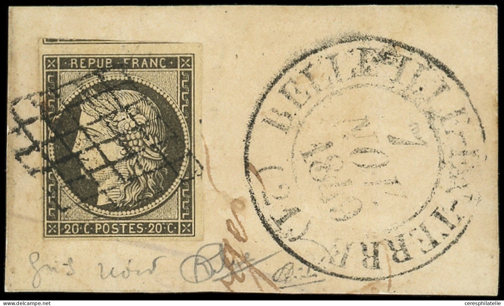 EMISSION DE 1849 - 3c   20c. GRIS-NOIR, Voisin En Haut, Obl. GRILLE S. Fragt, Càd T13 BELLEVILLE-EN-TERRE 7/11/49, TTB - 1849-1850 Cérès