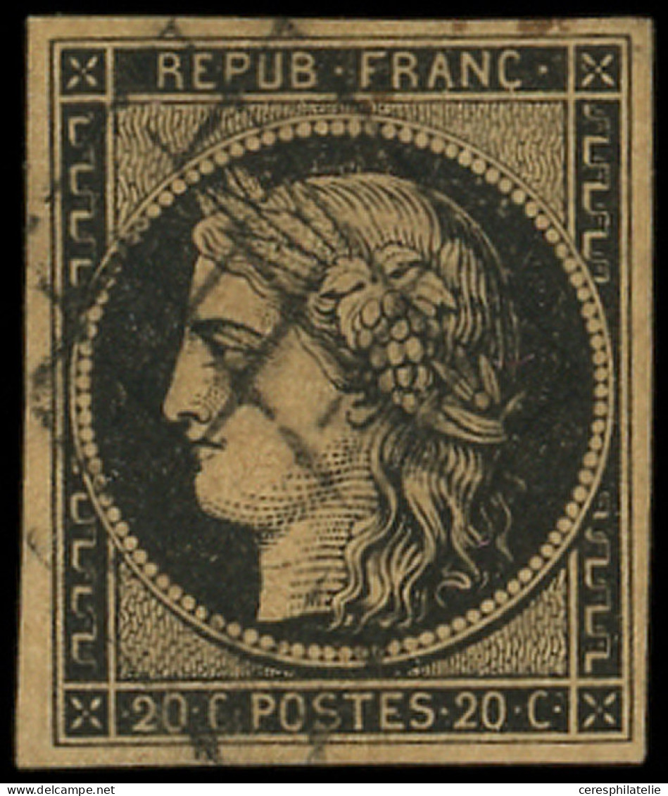 EMISSION DE 1849 - 3g   20c. Noir Sur CHAMOIS Très Foncé, "FAUVE", Obl. GRILLE, TB - 1849-1850 Ceres