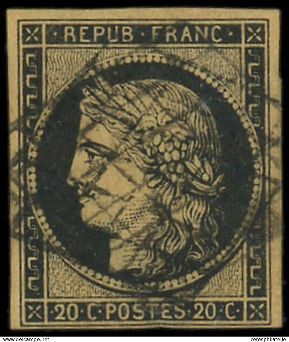 EMISSION DE 1849 - 3i   20c. Noir Sur FAUVE, Obl. Double GRILLE, Clair, B/TB, Cote Et N° Cérès - 1849-1850 Ceres