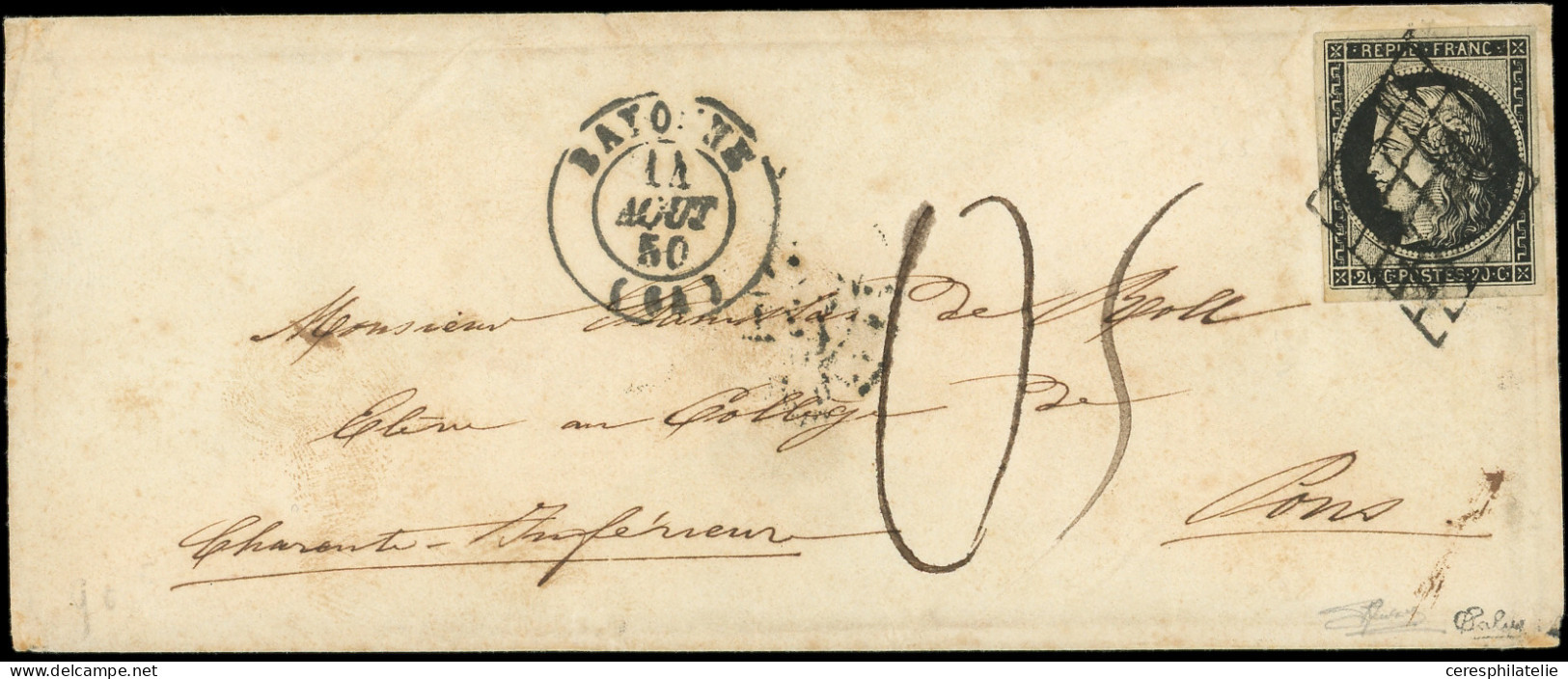Let EMISSION DE 1849 - 3a   20c. Noir Sur Blanc, Obl. GRILLE S. Env., Càd T15 BAYONNE 11/8/50 Et Taxe Plume 05, Tarif 25 - 1849-1876: Période Classique