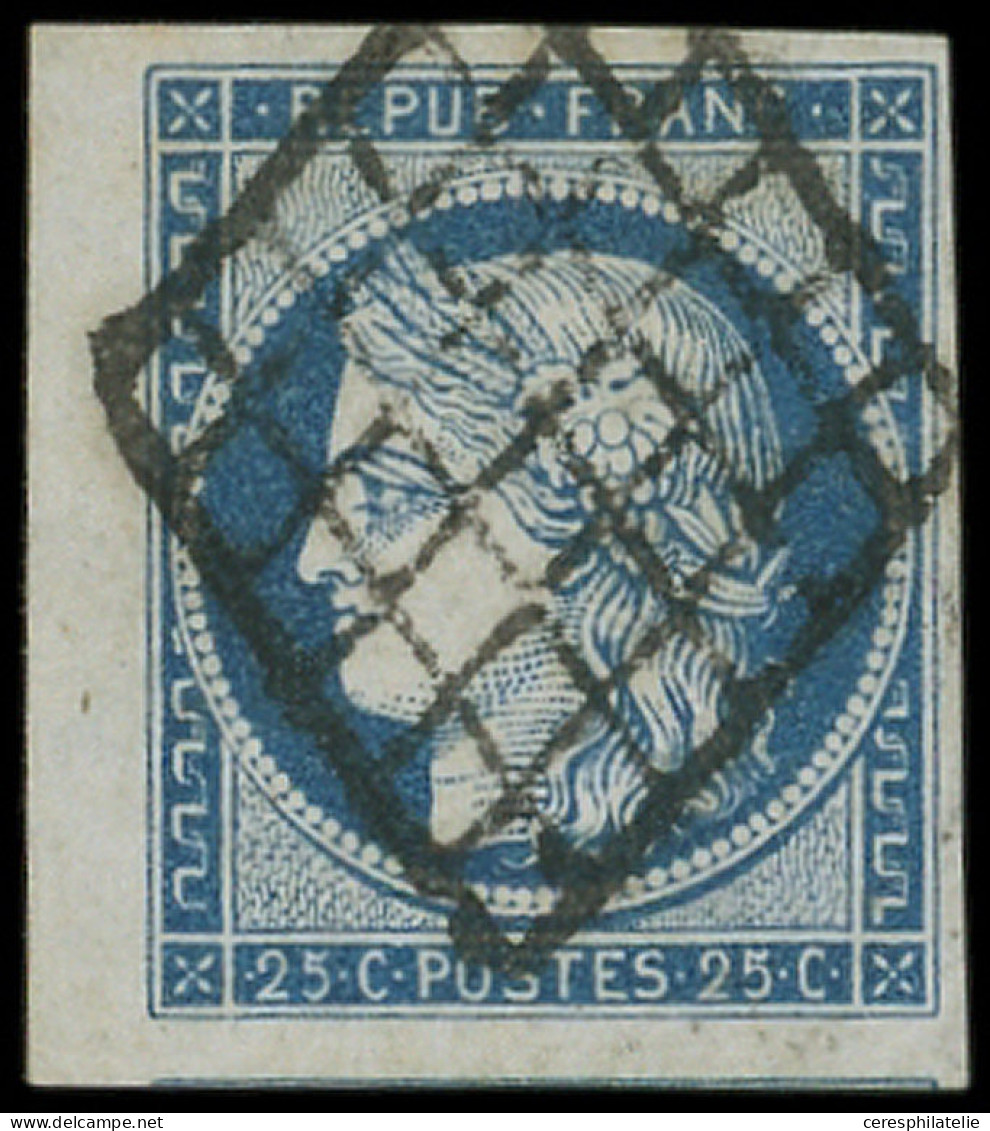 EMISSION DE 1849 - 4    25c. Bleu, Filet De Voisin Et Petit Bdf Obl. GRILLE, Superbe - 1849-1850 Ceres