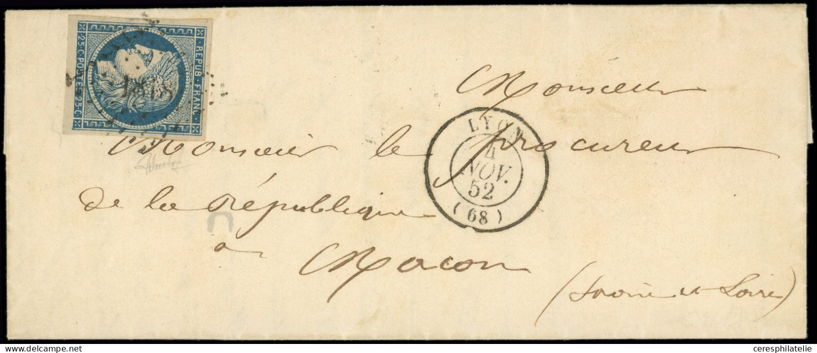 Let EMISSION DE 1849 - 4    25c. Bleu, Bas De Feuillet Filet Absent, Obl. PC 1818 S. LAC, Càd T15 LYON 4/11/52, TTB - 1849-1876: Classic Period