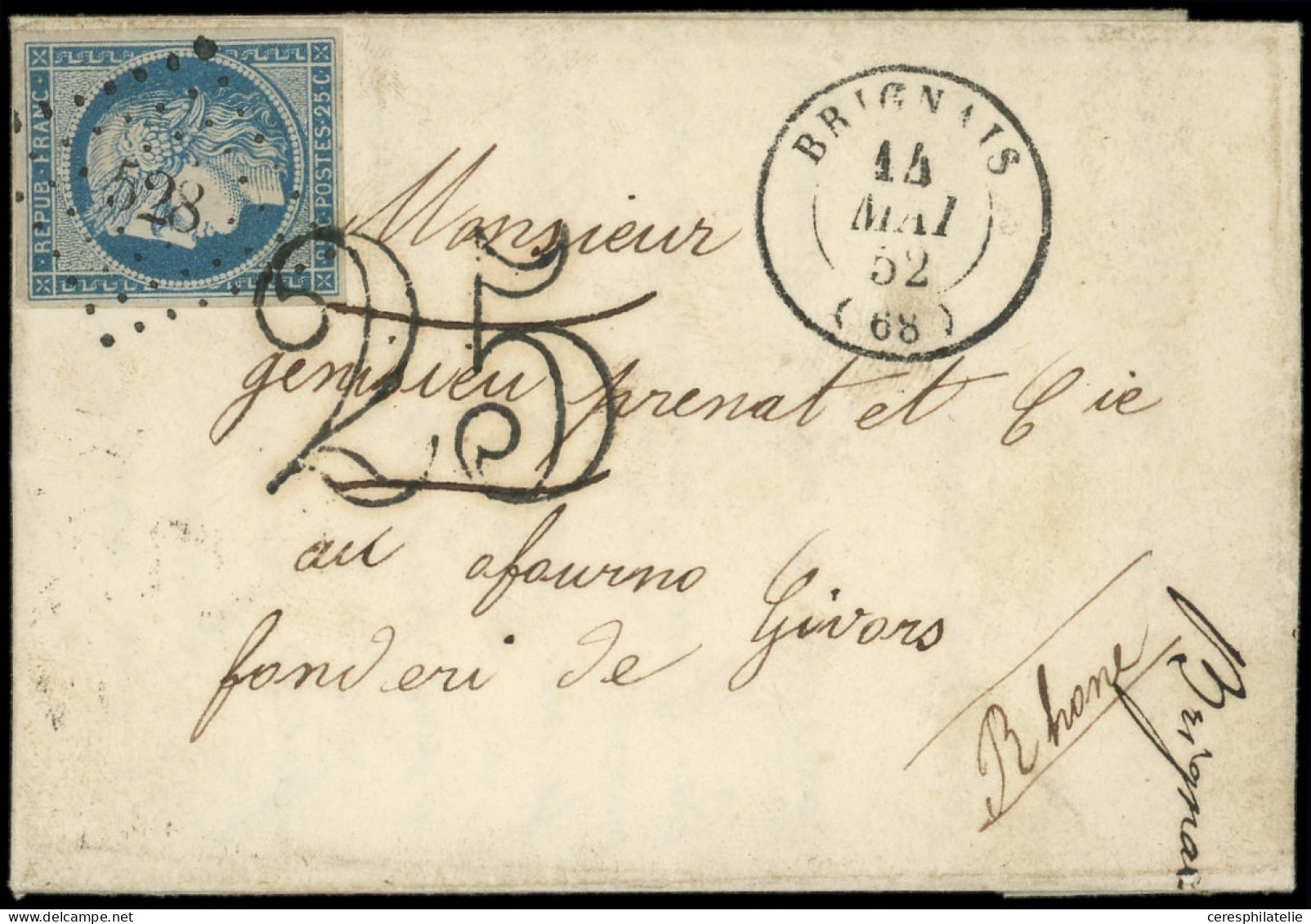 Let EMISSION DE 1849 - 4    25c. Bleu, Obl. PC 528 S. LAC, Càd T15 BRIGNAIS 14/5/52, Taxe 25 DOUBLE TRAIT Annulée à La P - 1849-1876: Période Classique