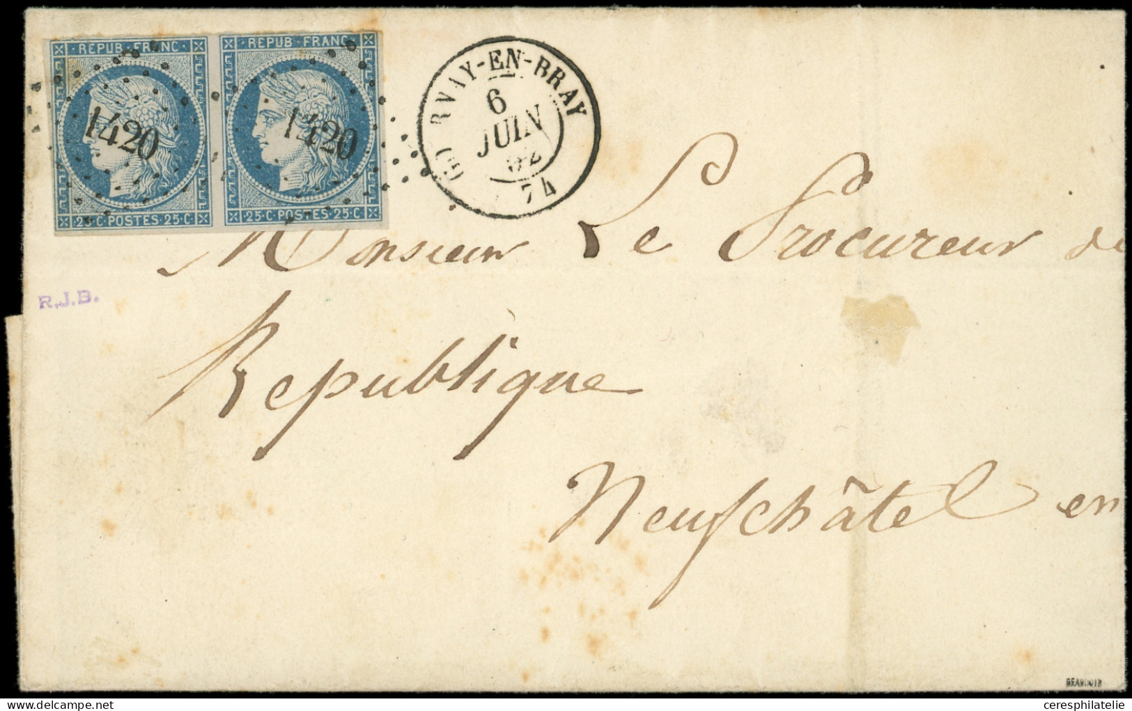 Let EMISSION DE 1849 - 4    25c. Bleu, PAIRE Obl. PC 1420 S. LSC, Càd T15 GOURNAY-EN-BRAY 6/6/52, TB - 1849-1876: Période Classique