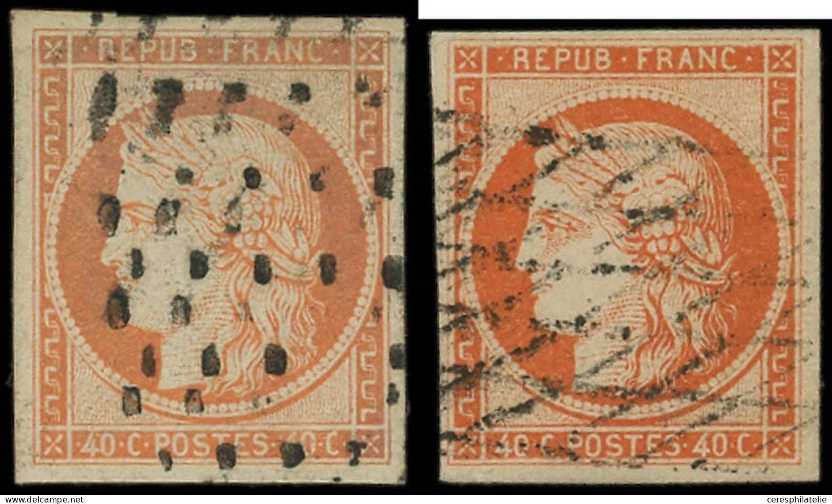 EMISSION DE 1849 - 5    40c. Orange, 2 Ex. Obl. GROS POINTS Et GRILLE SANS FIN, TB, Signés A. Brun Et Calves - 1849-1850 Cérès