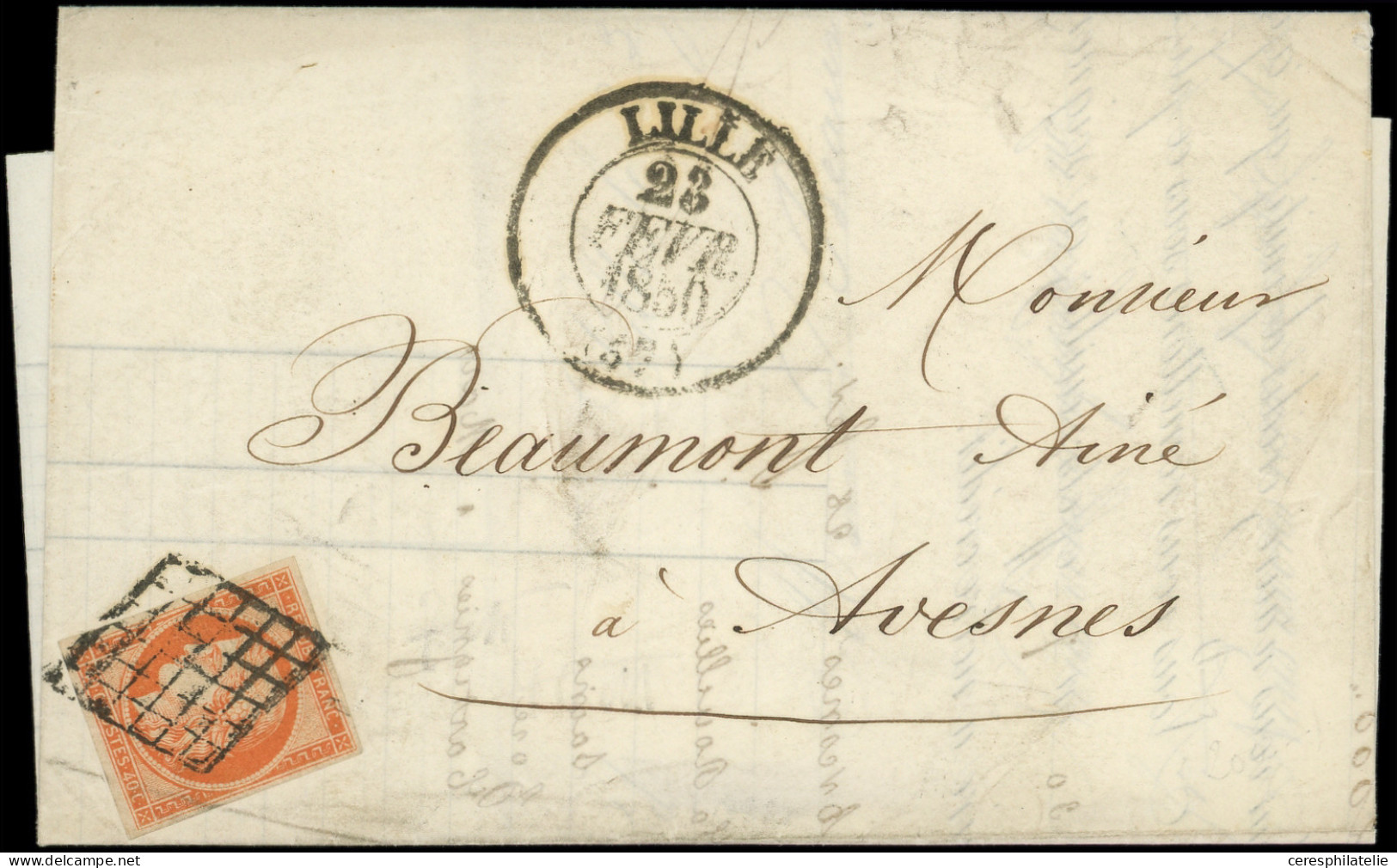 Let EMISSION DE 1849 - 5    40c. Orange, Obl. GRILLE S. LAC, Càd T13 LILLE 23/2/50, Arr. AVESNES 24/2, TTB - 1849-1876: Klassik