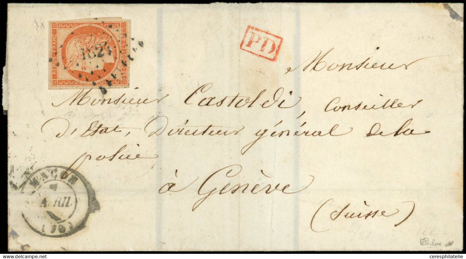 Let EMISSION DE 1849 - 5    40c. Orange, Obl. PC 1824 S. LAC, Càd T15 MACON 7/4/54, Arr. GENEVE Le 9/4, TB. C - 1849-1876: Klassik