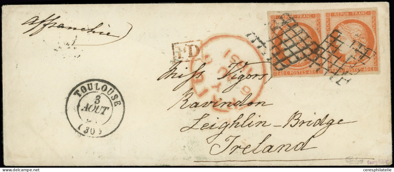 Let EMISSION DE 1849 - 5    40c. Orange, PAIRE Obl. GRILLE S. Env., Càd T15 TOULOUSE 3/8/51, Arr. LEIGHLIN BRIDGE IRELAN - 1849-1876: Klassik