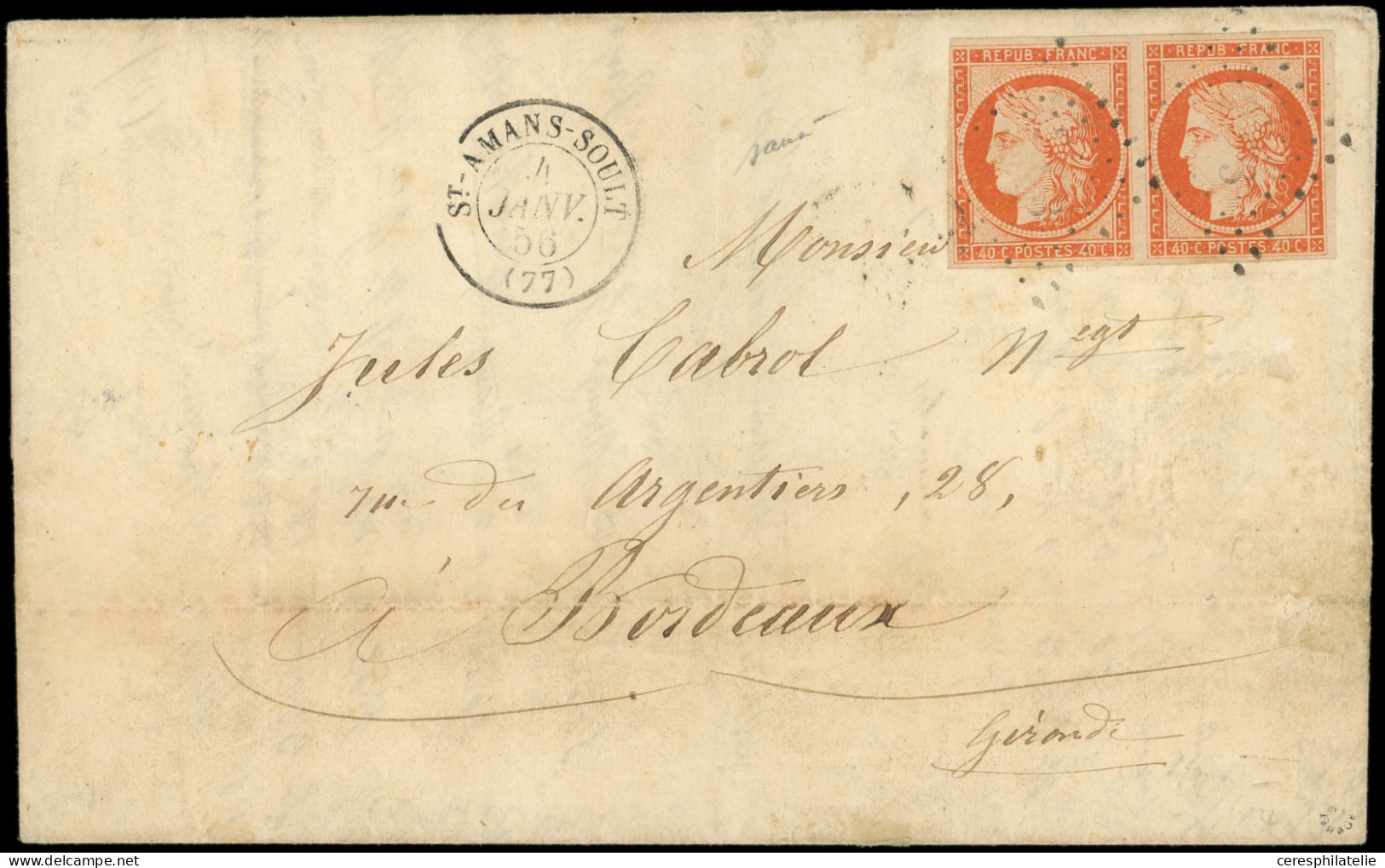 Let EMISSION DE 1849 - 5    40c. Orange, PAIRE, 1 Ex. Filet Touché Dans Un Angle, Obl. PC (297)3 Sur LAC, Càd T15 ST-AMA - 1849-1876: Periodo Classico