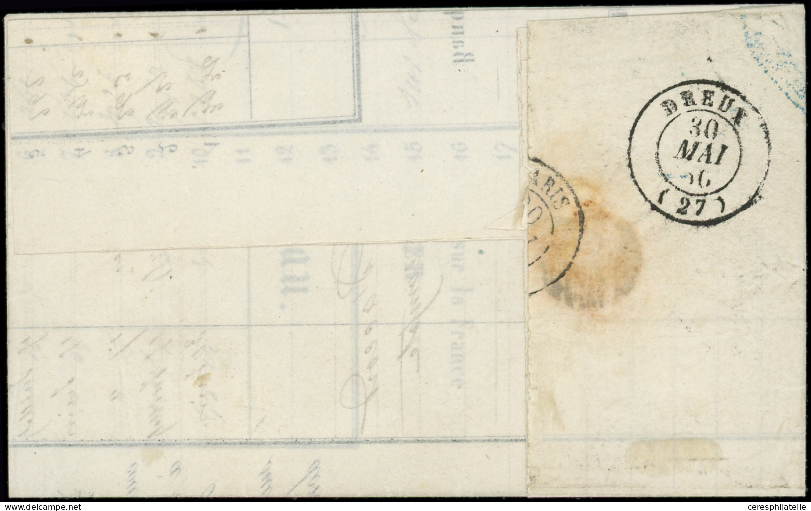 Let EMISSION DE 1849 - 5a   40c. Orange VIF, Obl. GRILLE S. LAC, Càd T14 GRANVILLE 29/5/50, DOUBLE Port Pour DREUX 30/5, - 1849-1876: Classic Period