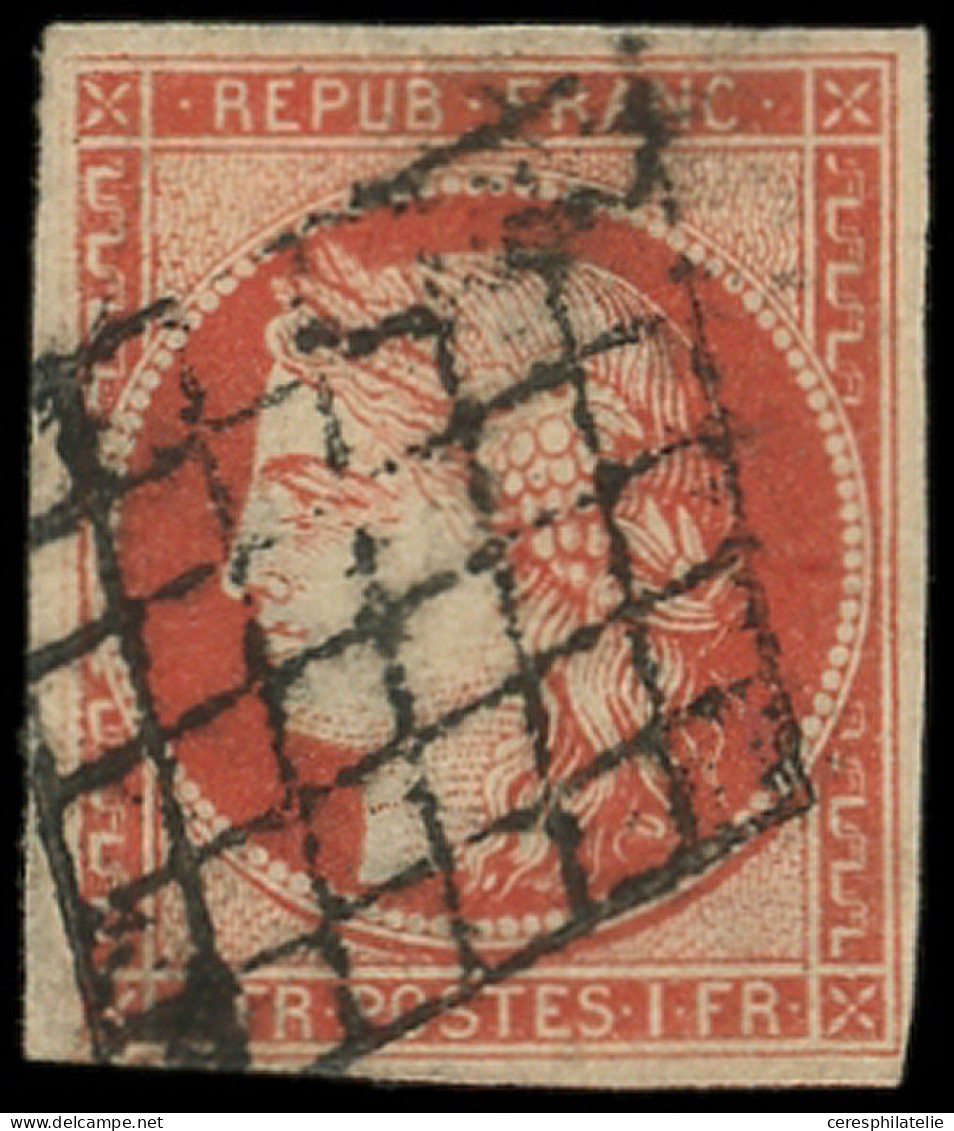 EMISSION DE 1849 - 7a    1f. Vermillon VIF, Belle Nuance, Obl. GRILLE, Léger Aminci, Aspect TB - 1849-1850 Ceres