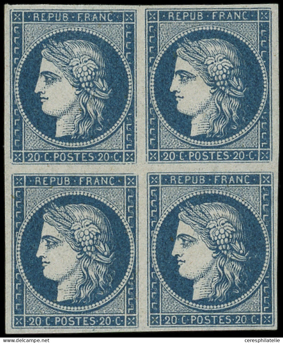 (*) EMISSION DE 1849 - 8b   20c. Bleu Sur Azuré Dit "Astruc", BLOC De 4, TB, Certif. Scheller - 1849-1850 Ceres