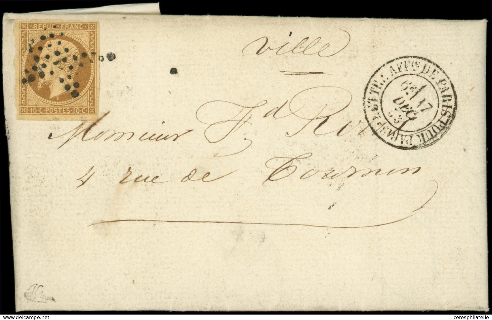 Let PRESIDENCE - 9    10c. Bistre-jaune, Obl. ETOILE S. LAC Avec Timbre Humide à 70c., Càd LETTRE AFFie DE PARIS POUR PA - 1849-1876: Période Classique