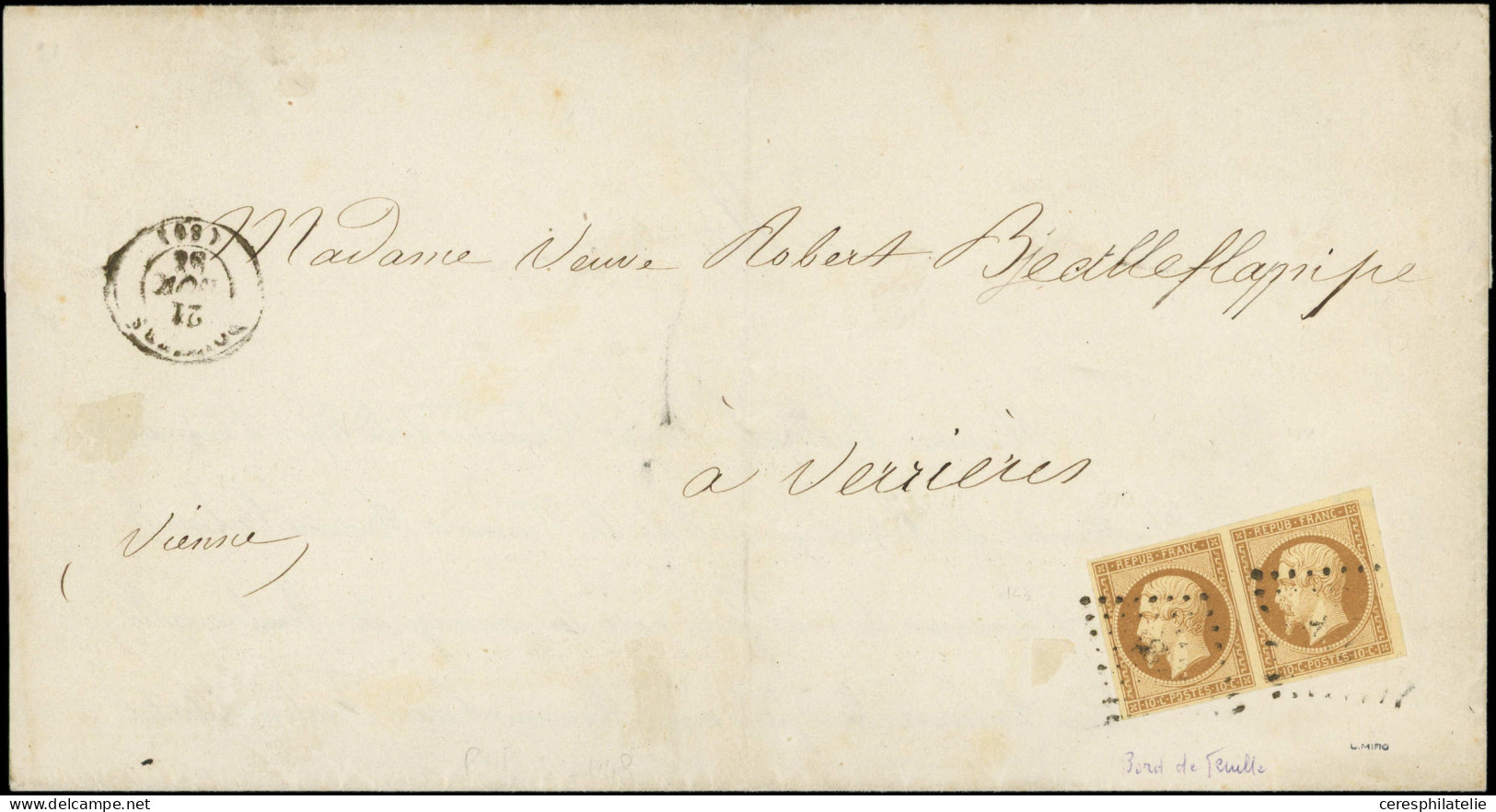 Let PRESIDENCE - 9    10c. Bistre-jaune, PAIRE Avec Petit BORD De FEUILLE, Obl. PC S. Faire-part, Càd T15 POITIERS 21/11 - 1849-1876: Période Classique