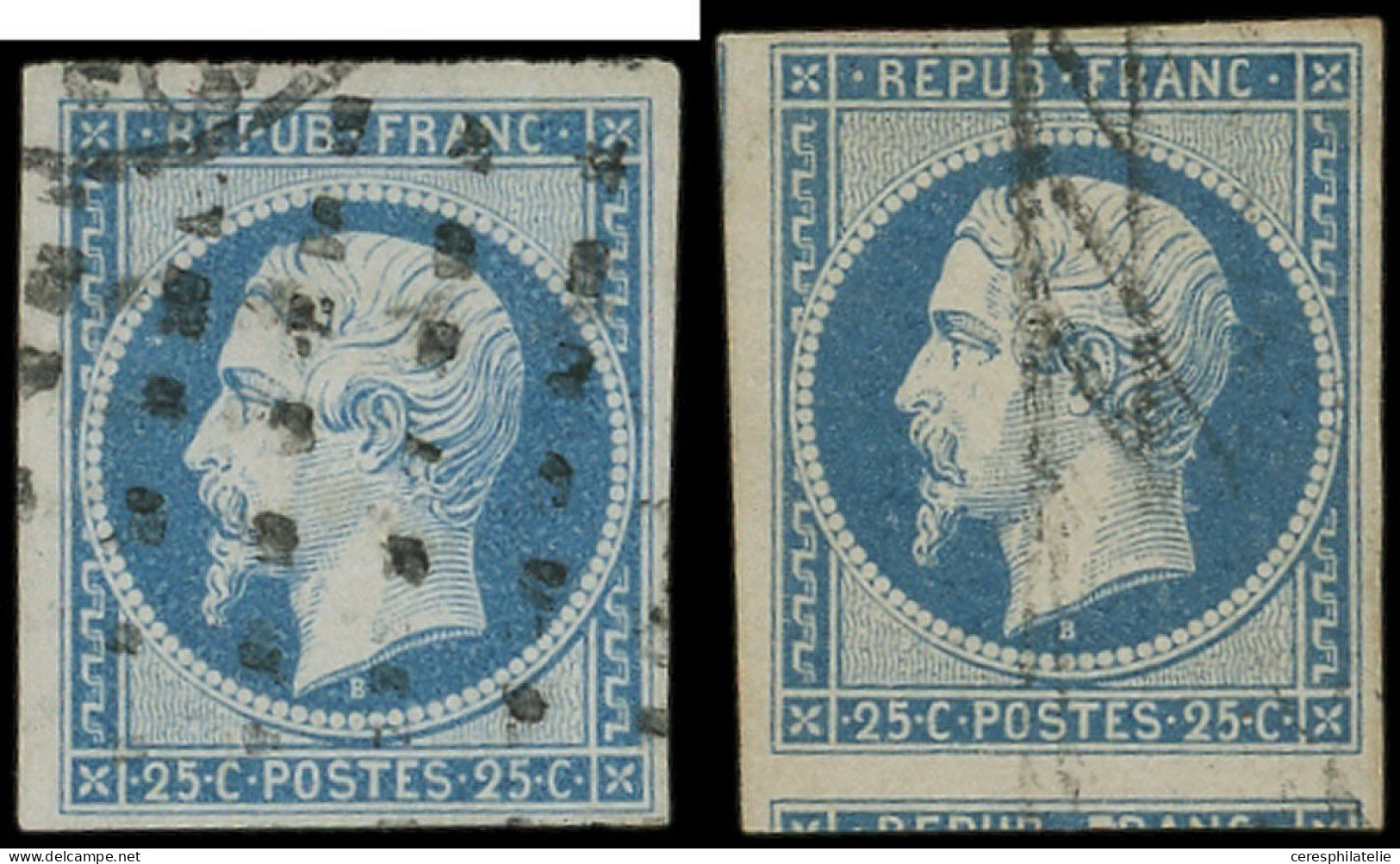 PRESIDENCE - 10   25c. Bleu, 2 Ex. Obl. GRILLE SANS FIN Et GROS POINTS, Signés, TB. C - 1852 Luigi-Napoleone