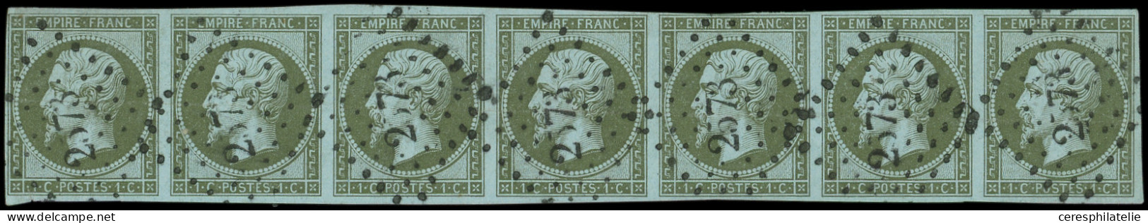 EMPIRE NON DENTELE - 11    1c. Olive, BANDE De 7 Obl. PC 2573 De PRECY-S-OISE, RR Ainsi, Superbe - 1853-1860 Napoleon III