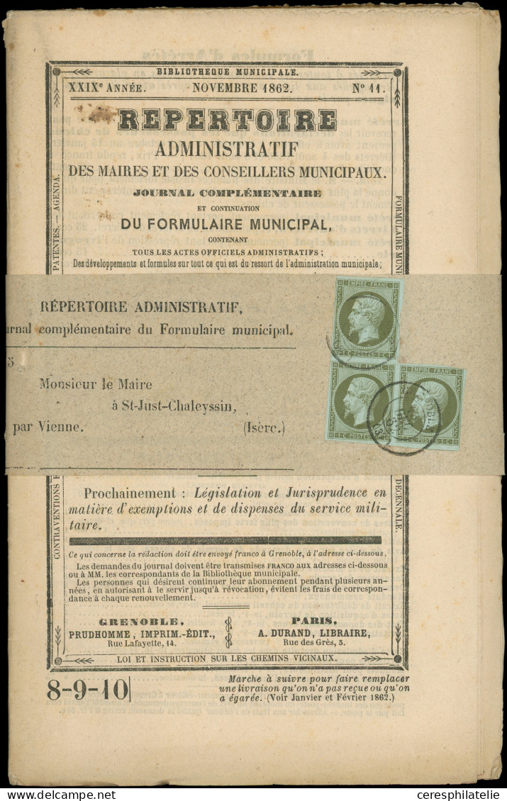 Let EMPIRE NON DENTELE - 11    1c. Olive, BLOC De 3 équerre, Obl. Càd T15 GRENOBLE 15/12/62 S. Répertoire Administratif  - 1849-1876: Période Classique