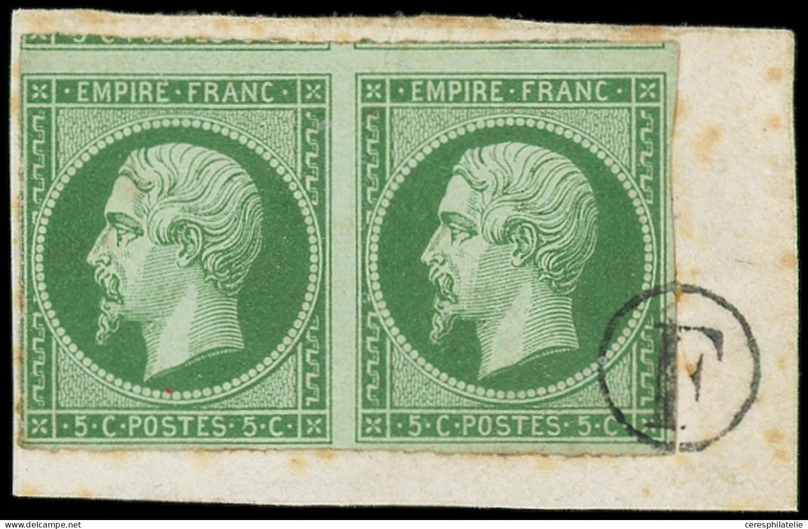 EMPIRE NON DENTELE - 12    5c. Vert, PAIRE Voisins En Haut, 1 Ex. Non Obl. Filet Touché, L'autre Obl. Boite F S. Fragt, - 1853-1860 Napoleone III