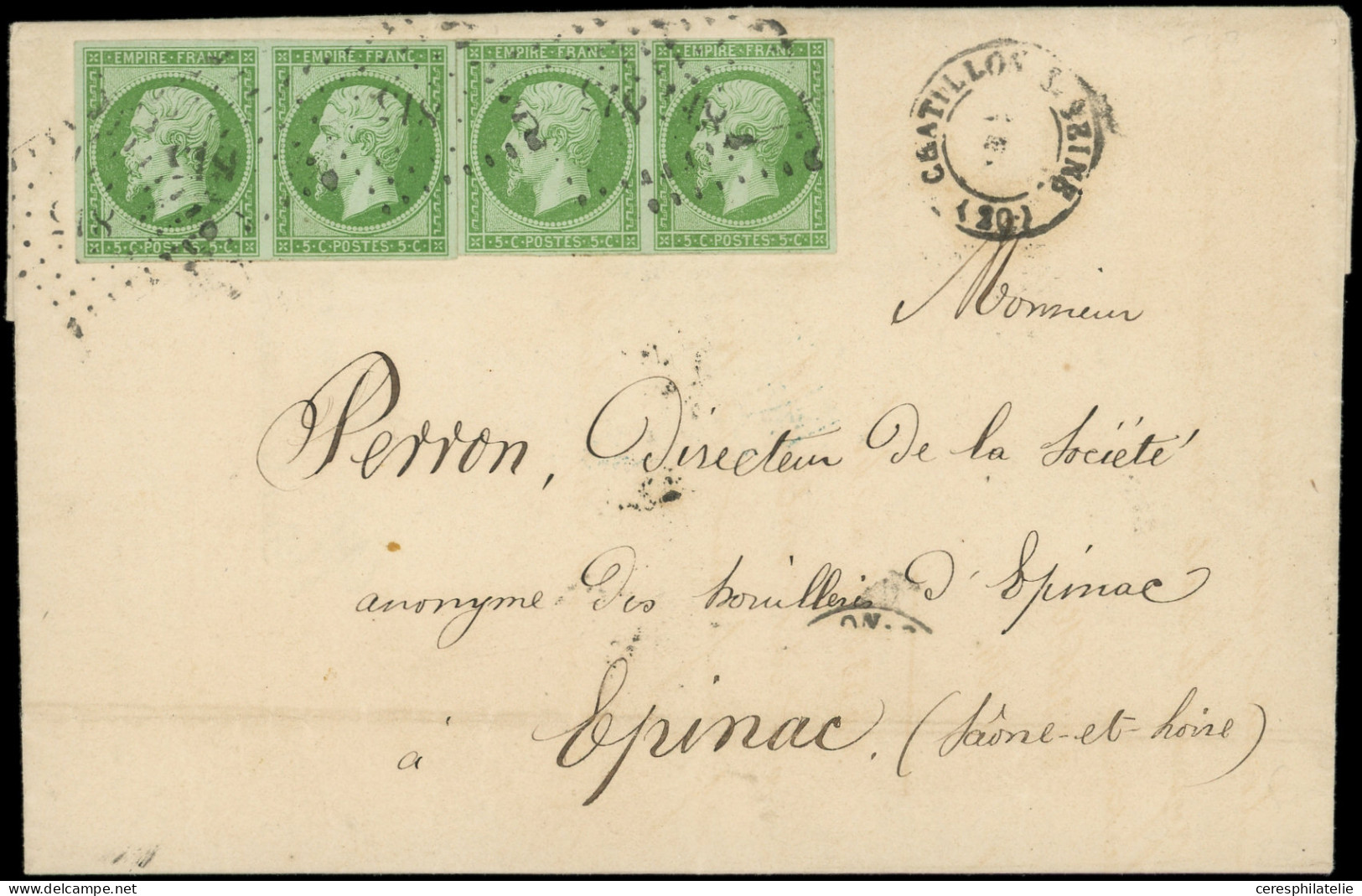 Let EMPIRE NON DENTELE - 12    5c. Vert, 2 PAIRES 2 Nuances, Obl. PC 815 S. LAC, Càd T15 CHATILLON-S-SEINE (12/55), TTB - 1849-1876: Classic Period