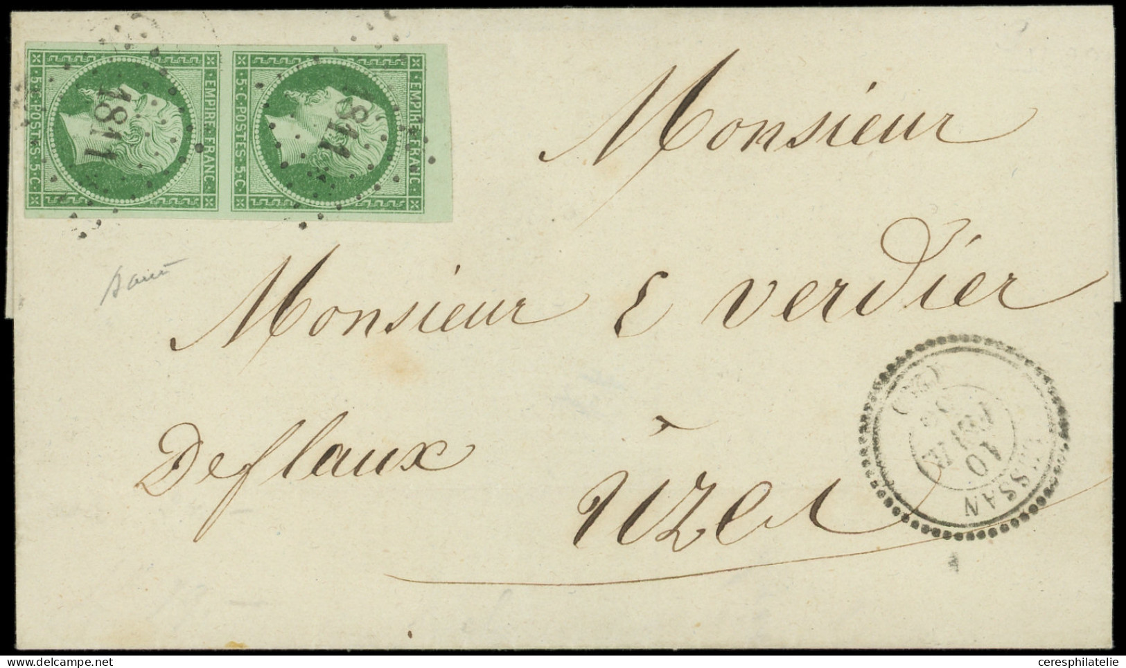 Let EMPIRE NON DENTELE - 12c   5c. Vert FONCE Sur VERT, PAIRE Obl. PC 1811 S. LSC, Càd T22 LUSSAN 10/2/55, Superbe - 1849-1876: Classic Period