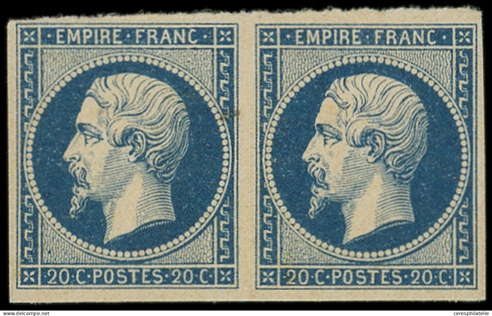 ** EMPIRE NON DENTELE - 14Aa 20c. Bleu Foncé, PAIRE, Un Ex. Grain Dans Le Papier, TB - 1853-1860 Napoleon III