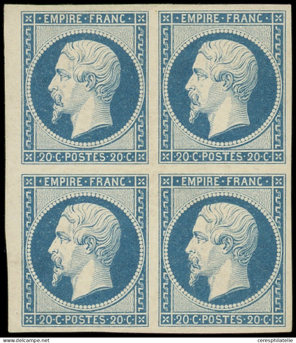 * EMPIRE NON DENTELE - 14A  20c. Bleu, T I, BLOC De 4 Petit Bdf, 1 Ex. **, TTB. J - 1853-1860 Napoleone III