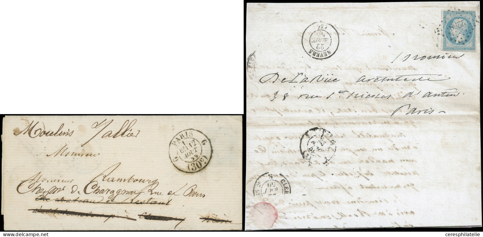 Let EMPIRE NON DENTELE - 14A  20c. Bleu, T I, Obl. PC 2268 S. LAC, Càd NEVERS 22/8/59 Pour Paris. Lettre Initialement No - 1849-1876: Periodo Classico